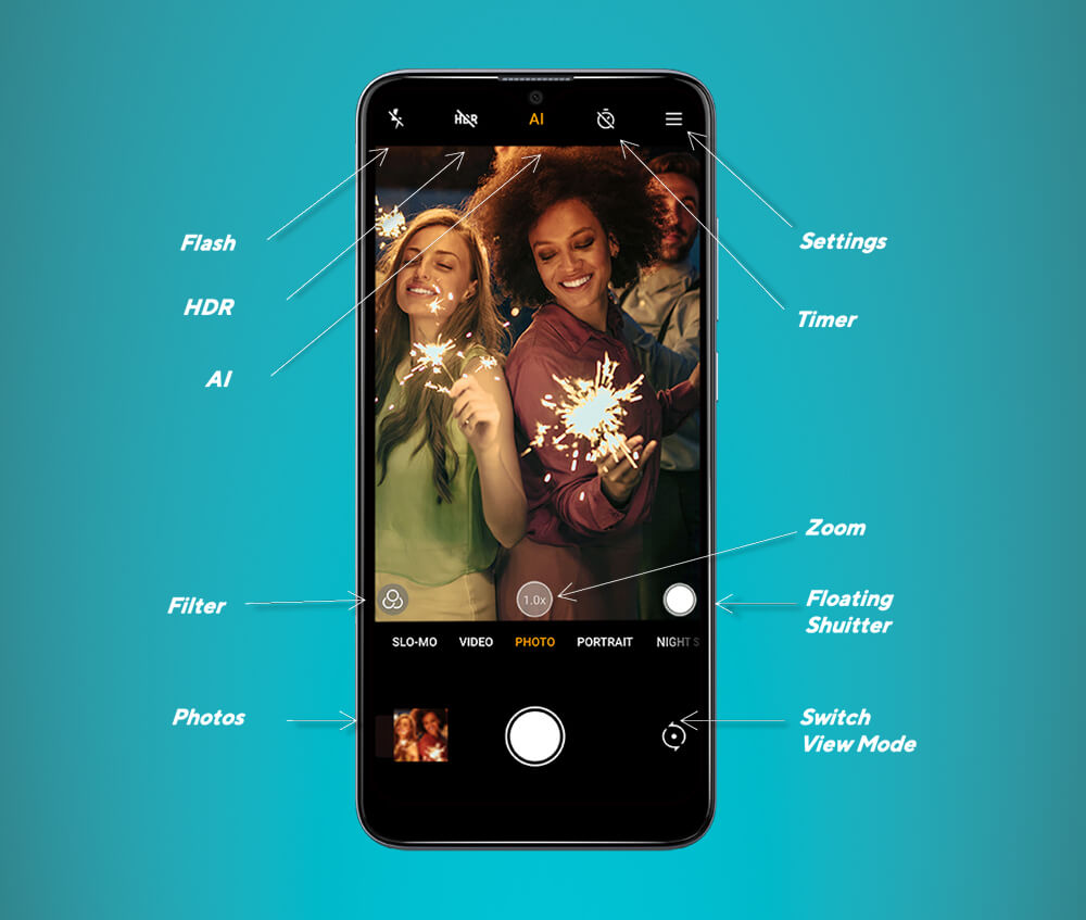 CAMERA


Learn About Your Camera
Switch view mode: Switch between the back camera lens and the front-facing camera lens (for self-portraits, video chatting, etc.). Floating shutter: Tap and hold to place the floating shutter in any place you like. And then tap it to take a photo. Filter: Select a Filter for the camera. Settings: Open the camera settings menu and lets you change additional camera settings. Flash: Enable Flash, Auto Flash or disable the Flash for the camera. Timer: Set a 3 second or 10 second timer for the camera. HDR: Select HDR mode, HDR Auto mode or turn off HDR mode. AI: Enable or disable AI for the camera.